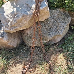 May include: A heavy-duty, rusted iron chain featuring elongated, oval-shaped links and a large, curved hook at the top. The metal surface shows significant oxidation with a deep brown, textured patina throughout the entire length of the chain.