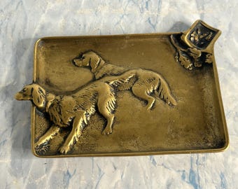 Vintage Antique Brass Bronze Ashtray Hunting Dogs Oak Leaves Hunting Scene Motive Setter