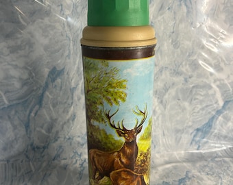 Thermos vintage con cervo e ricarica in vetro da 35 cm, borraccia termica retrò con cervo nella foresta, grande bottiglia termica da picnic da 14", thermos da caccia di metà secolo
