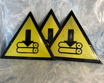 Vintage Enamel Industrial Sign: Caution Press Moving Parts, Bulgarian Factory