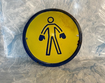 Vintage Bulgarian Factory Industrial Warning Safety Enamel Sign Wear Protective Gloves