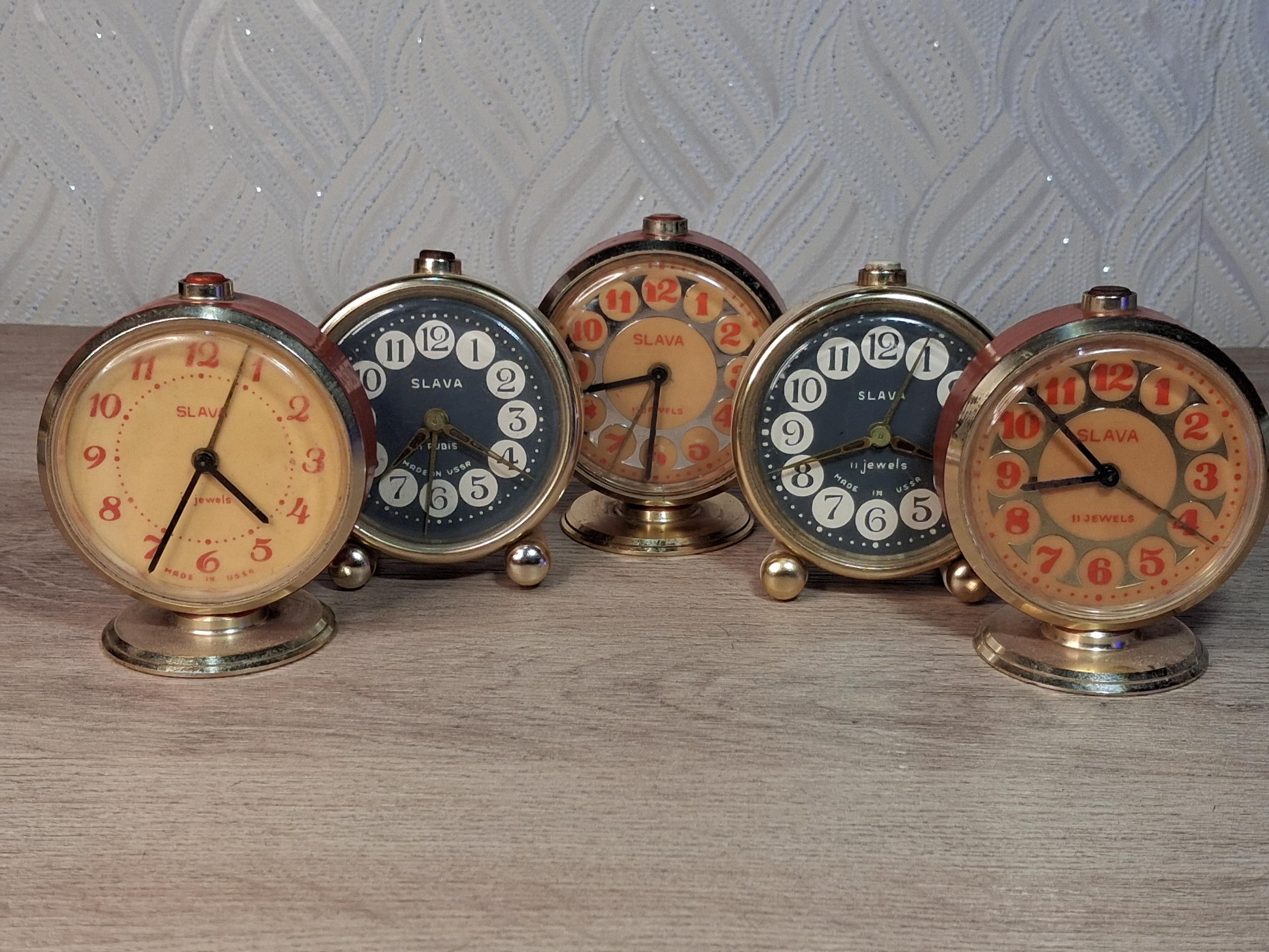 Set of 5 Vintage Soviet USSR Alarm Clock Table Clocks Slava Mir for ...