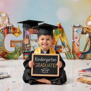 Könnte beinhalten: Ein Kind in einem Abschlusskleid und einer Kappe hält eine Tafel mit der Aufschrift "Kindergarten GRADUATE!". Bunte Buchstaben bilden das Wort "GRAD" hinter dem Kind. Kunstzubehör und Paletten sind um die Szene verstreut und schaffen eine festliche Atmosphäre.