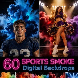 May include: A collection of 60 sports smoke digital backdrops featuring vibrant clouds of colored smoke in various hues including blue, red, yellow, and purple, displayed with examples of a football player and a cheerleader in action poses.