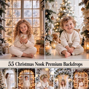 Puede incluir: Una colección de 55 fondos premium Christmas Nook que presentan varias escenas de niños y adultos en entornos festivos con árboles de Navidad, adornos, regalos envueltos, linternas y ventanas decoradas con luces navideñas y vegetación.
