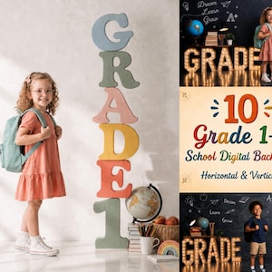 Grade 1-5 School Digital Backdrops Bundle, 10 Classroom Photo Backgrounds, School Portrait Backdrop JPG, Instant Download