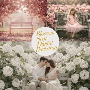 10 Fundos Digitais com Estampas de Bancos Floridos, Banco Floral, Fundos de Jardim em Flor, Cenas de Flores da Primavera, Banco Romântico ao Ar Livre (JPG)