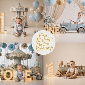 Può includere: Uno sfondo digitale per una festa di primo compleanno. L'immagine presenta un bambino in varie ambientazioni, tra cui una giostra, un'auto d'epoca e un treno. Le decorazioni includono palloncini, una torta e il numero "1" illuminato. La combinazione di colori è blu chiaro, beige e oro.