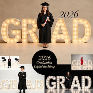 May include: A digital graduation backdrop featuring large, illuminated marquee letters spelling GRAD with the year 2026. The collection includes various scenes of graduates in black or red robes standing before these glowing lights in different settings.