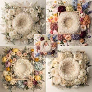 Pode incluir: Quatro adereços de fotografia para recém-nascidos. Cada um apresenta uma moldura de madeira com uma área central em forma de ninho, rodeada por flores coloridas. Ideal para sessões de fotos de bebês.