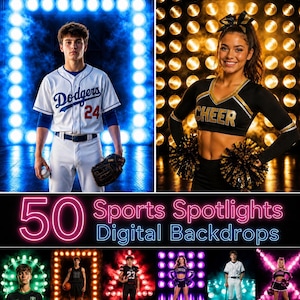 Puede incluir: Una colección de 50 fondos digitales de focos deportivos con varios atletas, incluyendo un jugador de béisbol con camiseta blanca de los Dodgers y una animadora con uniforme negro y dorado, frente a pantallas de luces brillantes.
