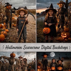 Peut inclure: Une collection de quatre arrière-plans numériques sur le thème d'Halloween avec des épouvantails, des citrouilles, des enfants costumés et des fermes rurales. Le texte "Halloween Scarecrow Digital Backdrops" est affiché au centre.