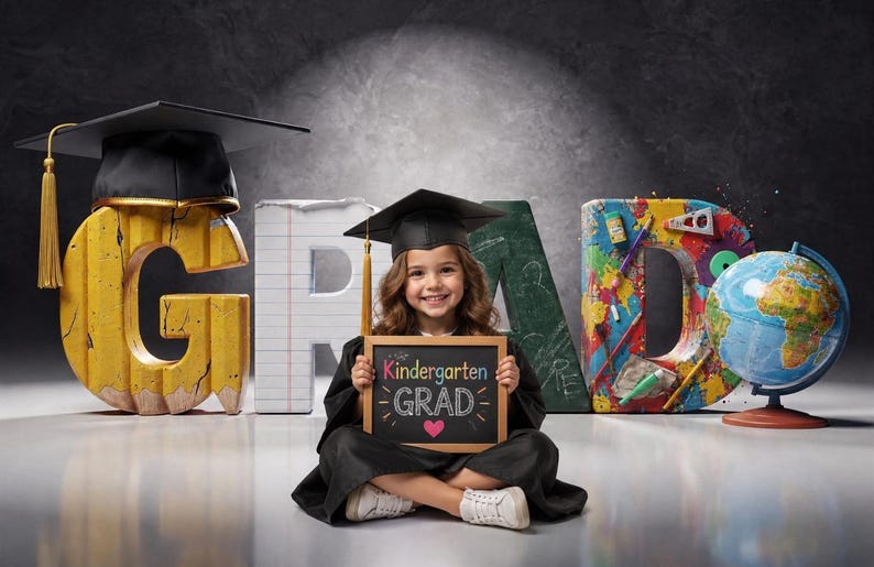 Spell Graduation Kindergarten Graduation Digital Backdrop | Colorful GRAD Letters ...