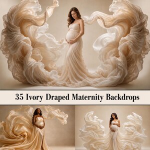 May include: A collection of 35 ivory draped maternity backdrops featuring images of individuals wearing flowing, strapless ivory gowns with voluminous, ethereal fabric extensions that swirl around them in a dynamic, artistic display.
