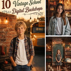 Paket med 10 digitala bakgrunder för vintageskolor | Retro bakgrunder för klassrum | Foto för bibliotek och skolbuss | Sammansatta mallar för skolporträtt