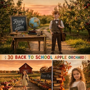 School Apple Orchard Digital Backdrop Bundle, Fall School Portrait Background for Photographers, Kindergarten Studio Photo Template