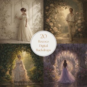 May include: A collection of four digital Rococo backdrops. The images feature people in period clothing in romantic settings, including gardens and ornate architectural backgrounds. The text on the image reads "20 Rococo Digital Backdrops" and "SimpleStoryBoutique".