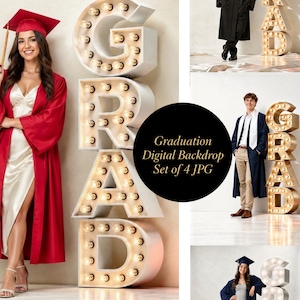 May include: A graduation digital backdrop set of 4 JPGs. The image features the word "GRAD" in illuminated marquee letters. Several people are wearing graduation gowns and caps in different colors.