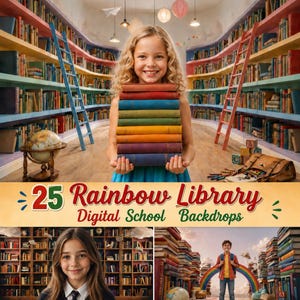 Może przedstawiać: Kolekcja 25 cyfrowych teł z tęczowymi bibliotekami do fotografii szkolnej. Obrazy przedstawiają regały, drabiny, globusy oraz dzieci trzymające stosy kolorowych książek, z napisem 25 Rainbow Library Digital School Backdrops.