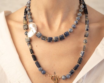 Lapis Lazuli Unique Necklace Set Gemstone Necklace Baroque Pearl Mother’s Day Gift Handmade Gift for Women Navy Blue  Handcrafted Jewelry