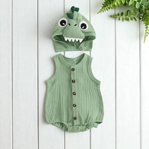 Baby Dinosaur Costume Romper, Baby Boy Girl Halloween Sleeveless Bodysuit, Newborn Button Down Romper with Animal Hat , Baby Shower Gift