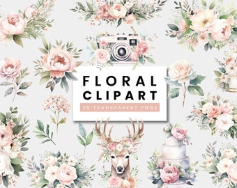 Floral Wedding Clipart, Blush Pink Transparent PNG Clip art, Digital Watercolor Flower Bouquet, Watercolour flowers pngs Pack, Sage Green