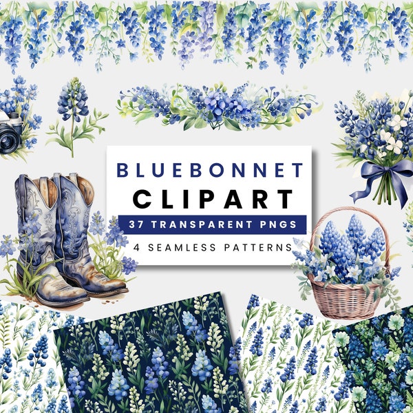 Aquarel Bluebonnet Clipart, Aquarel Bluebonnets Clip art, Naadloze Patronen, Digitale Papers Blue Wildflower PNG Bundel Violette Bloemen