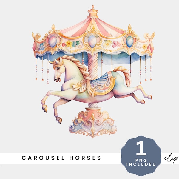 Carousel Horse Clipart, Fairground Transparent PNG, Watercolor Circus Clip Art, Merry Go Round illustration, Watercolour Horses, Commercial