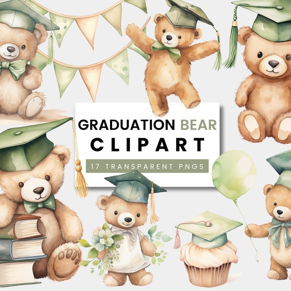 Graduation Bear Clipart Set, Watercolor TeddyBear Graduating, Watercolour Green Teddy Bear PNG Clip Art, Transparent PNGs Preschool Bunting