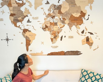 Valentines Day Gift for Her, Him, Classic World Map, Large Wall Hanging, Wooden Map Above Bed Decor, 5th Anniversary Gift, Push Pin Map