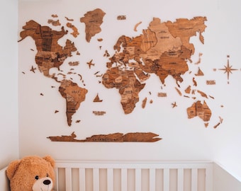 Wooden World Map Wall Art, Nursery Decor, Kids Room Decor, Push Pin World Map, Rustic Wall Decor, Gift for Home, 5th Anniversary Gift