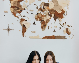 Wall World Map, Wooden Art, Home Office Decor, World Globe, Push Pin Map for Traveling, Housewarming Gift, Apartment Gifts, Girlfriend Gift