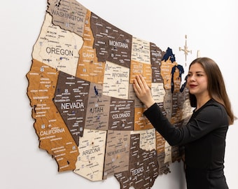 US Travel Map - 3D Wooden Wall Map - 50 States Tracker - Push Pin Map USA | Anniversary Gift