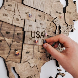 World Map Wall Art Push Pin Map, Wooden Travel Map Wall Decor, Wood Wall Map, Gift for Home, 5th Anniversary Gift, Birthday Gift