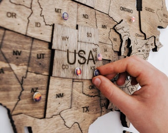 World Map Wall Art Push Pin Map, Wooden Travel Map Wall Decor, Wood Wall Map, Gift for Home, 5th Anniversary Gift, Birthday Gift