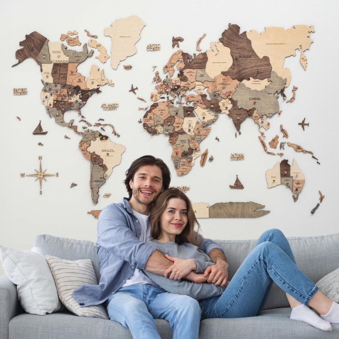 Home Decor Wall Art, Wooden World Map 3D, Travel Map Push Pin ...