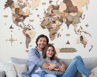 Home Decor Wall Art, Wooden World Map 3D, Travel Map Push Pin, Apartment Decor, 5th Anniversary Gift, Birthday Husband Gift, Family Gift