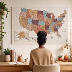 Earth Tones US Map Push Pin Map on Premium Canvas with Personalized Legend, Customized Pinboard (Framed Options) for Pinning Travels