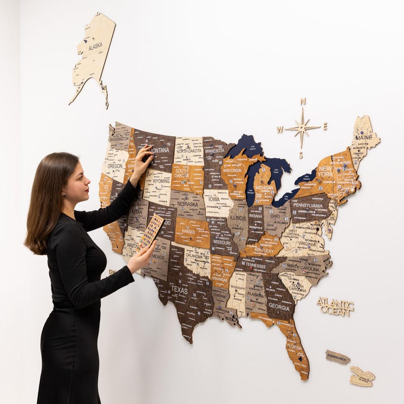 US Travel Map - 3D Wooden Wall Map - 50 States Tracker - Push Pin Map ...