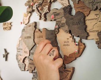 World Map Wall Art, Wooden World Map 3D, Travel Map Push Pin, Housewarming Gift Family, Birthday Gift, Apartment Decor, 5th Anniversary