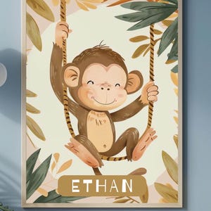 Benutzerdefinierte Name Wand Kunst Druck Boho Schaukel Affe Tier Wand Kunst Baby Boy Wand Kunst Safari Kinderzimmer gerahmte Poster Kinder Kinderzimmer Dekor