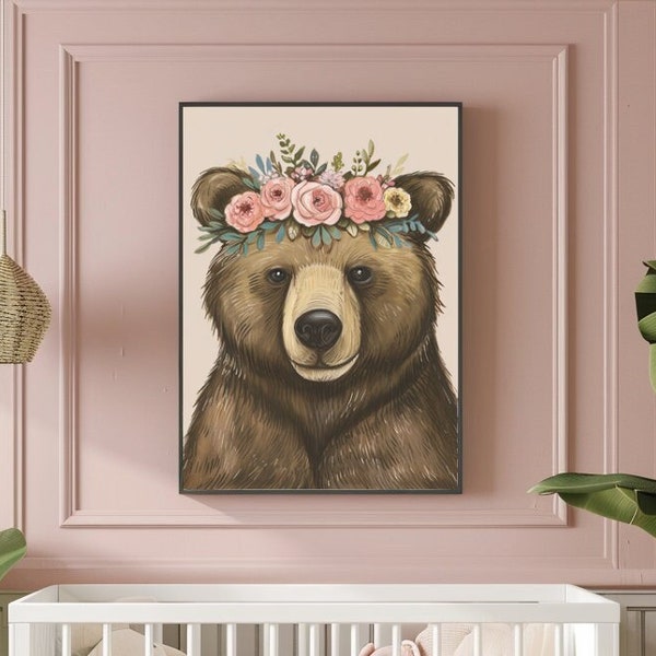 Whimsy Boho Bear with Floral Headband Wall Art, Girl Room Decor, Woodland Art Print, Framed Poster Baby Shower Gift, Pink Playroom Art Decor