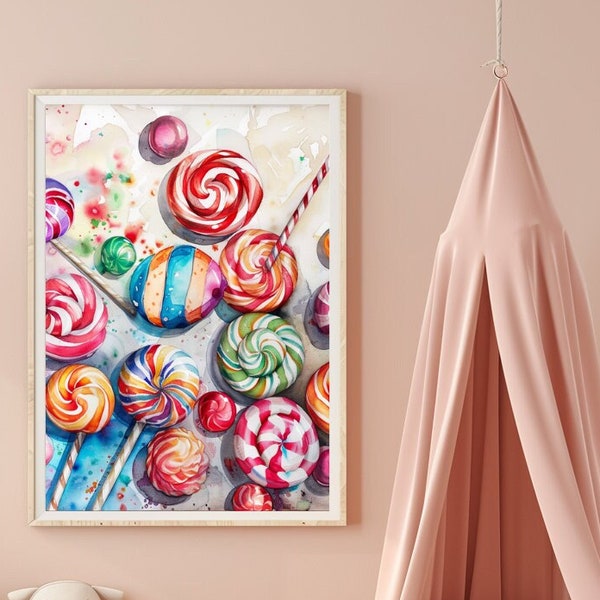 Fun Colorful Lollipop Baby Room Decor, Nursery Art Print, Candyland Framed Poster, Modern Kids Room Wall Art, Whimsical Watercolor Baby Gift