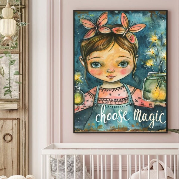 Whimsical Girl with Glowing Jar of Fireflies, Newborn Gift Idea, Magical Wall Print Art, Gift Idea for Newborn, Pink Playroom Framed Decor