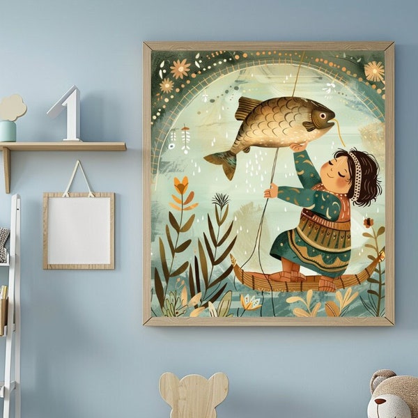 Whimsical Boho Girl with Fish Wall Print, Baby Room Decor, Ready To Hang Decor, Kid Room Poster, Gift Idea for Newborn, Nursery Playroom Art
