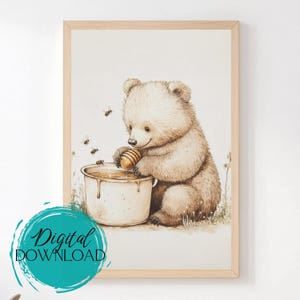 Honey Bear Printable, Woodland Bear with Bees Art, Rustic Cabin Digital Download, Whimsical Animal Wall Decor, Instant Download