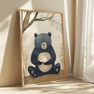 Tea Bear Printable Wall Art, Woodland Animal Nursery Print, Cute Black Bear Art Print, Cozy Baby Room Decor, Instant Digital Download 15
