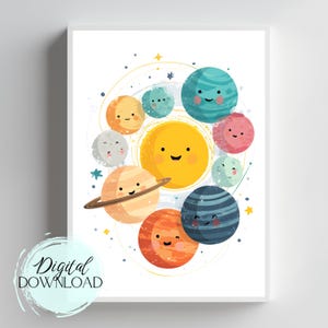 Solar System Smiley Planets Digital Printable, Cute Sun and Planets Nursery Wall Art, Outer Space Kids Room Decor, Instant Download