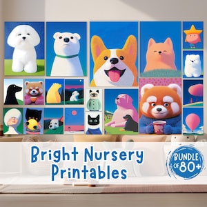 Bright Nursery Digital Wall Art Bundle, 80+ Whimsical Animal Prints For Kids, Cute Vibrant Nursery Room Decor, Instant Download Art Set