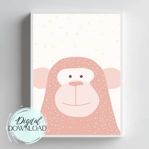 Blush Monkey Digital Nursery Print, Scandinavian Animal Wall Art, Pink Jungle Safari Decor For Baby Room, Instant Download Poster